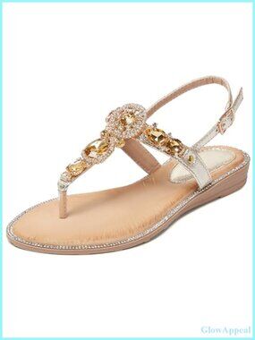 Rhinestone Flat Sandals with Adjustable Ankle Strap and Faux Leather